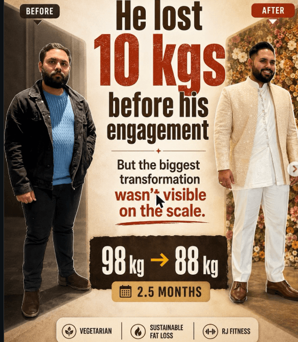Hitesh before and after — lost 10 kgs in 2.5 months before his engagement
